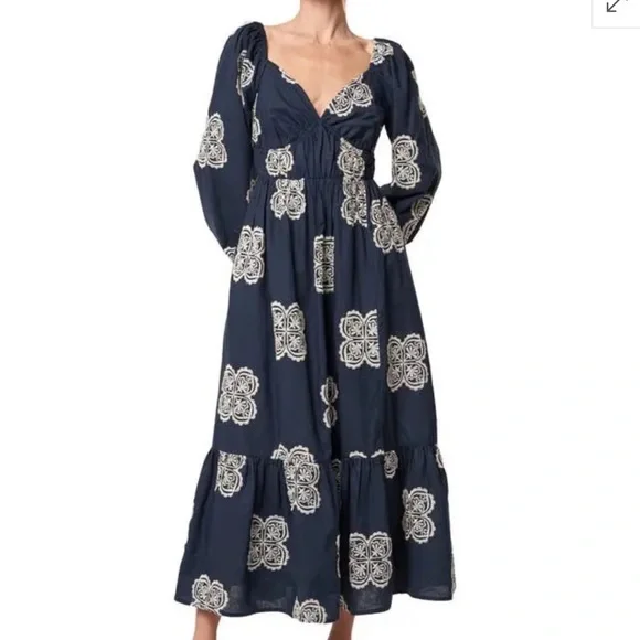 Ciebon Serbita Medallion Embroidery Long Sleeve Cotton & Linen Midi Dress in Navy at Nordstrom, Size Small